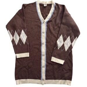 Maeve Anthropologie Brown Argyle Bow Button Longline Cardigan Sweater Medium